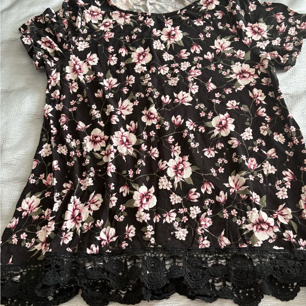 Floral Black Top with Lace Hem